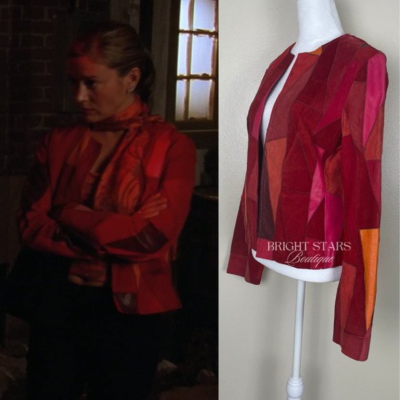 Rare Vintage Patchwork Leather Jacket ASO Phoebe Halliwell Charmed Small 6 Red - Picture 3 of 12